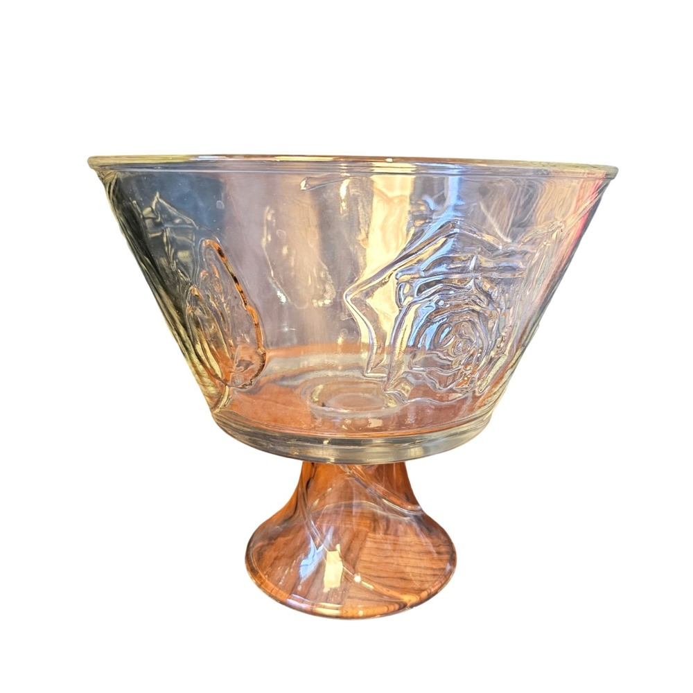Vintage Clear Glass Embossed Rose Floral Pedestal Trifle Dessert Bowl 9.5 Inch